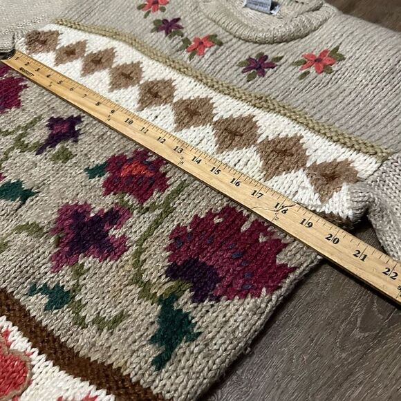 Vintage 90s Cabin Creek Women Knit Sweater Granny Beige Hearts Floral Size L - Picture 7 of 9
